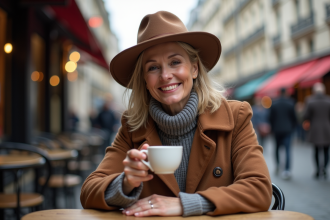 Femme élégante portant un chapeau et manteau à Paris
