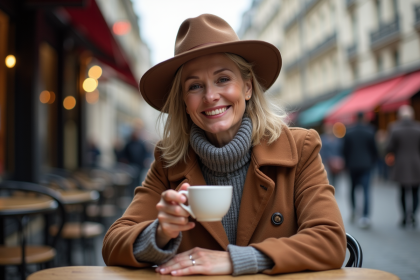 Femme élégante portant un chapeau et manteau à Paris