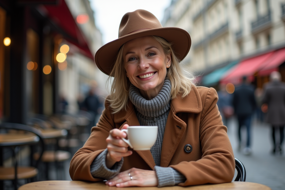 Femme élégante portant un chapeau et manteau à Paris
