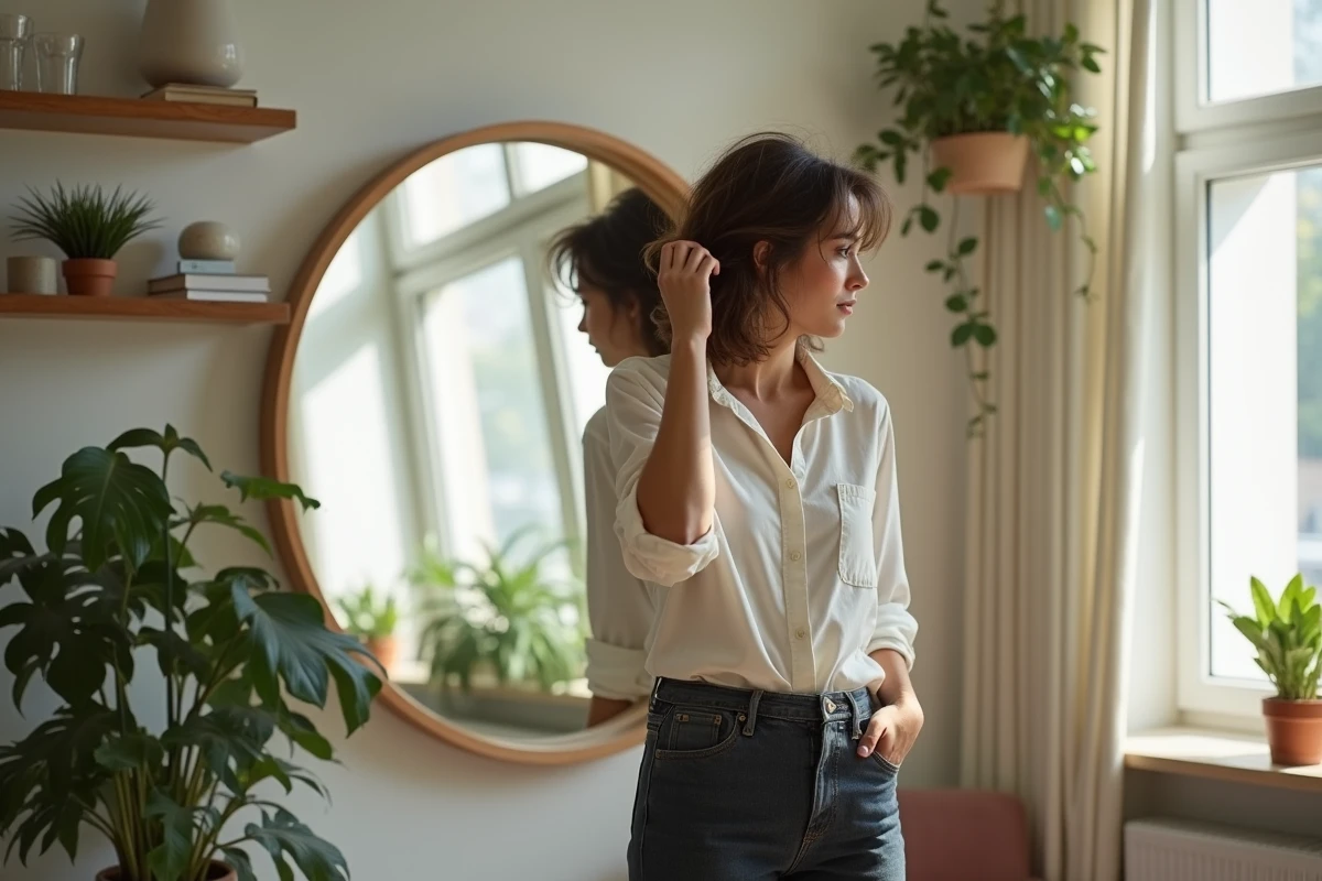 Femme avec coupe wolfcut regardant son reflet dans un miroir