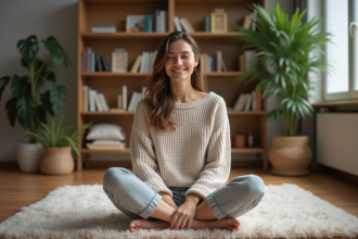 Femme détendue en intérieur dans un salon chaleureux