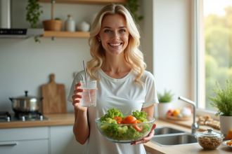 Jeune femme souriante avec salade dans une cuisine lumineuse
