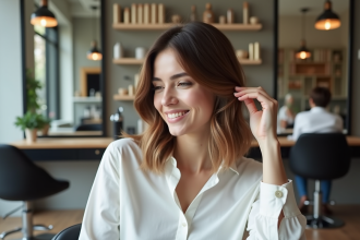 Portrait d'une femme souriante dans un salon de coiffure moderne