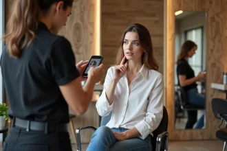 Femme en salon de coiffure discutant avec stylistes