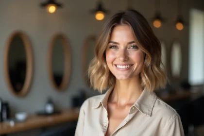 Femme souriante dans un salon de coiffure moderne