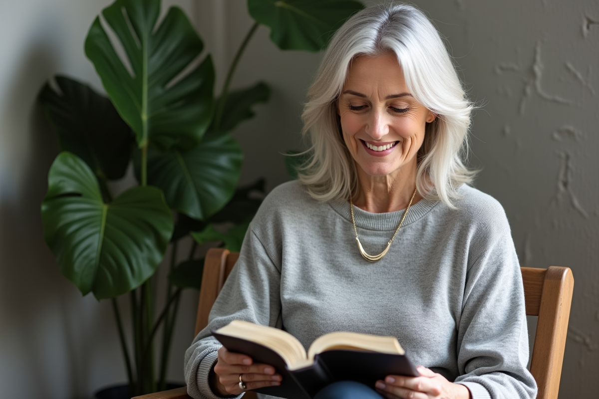 Femme de 50 ans lisant dans un salon moderne