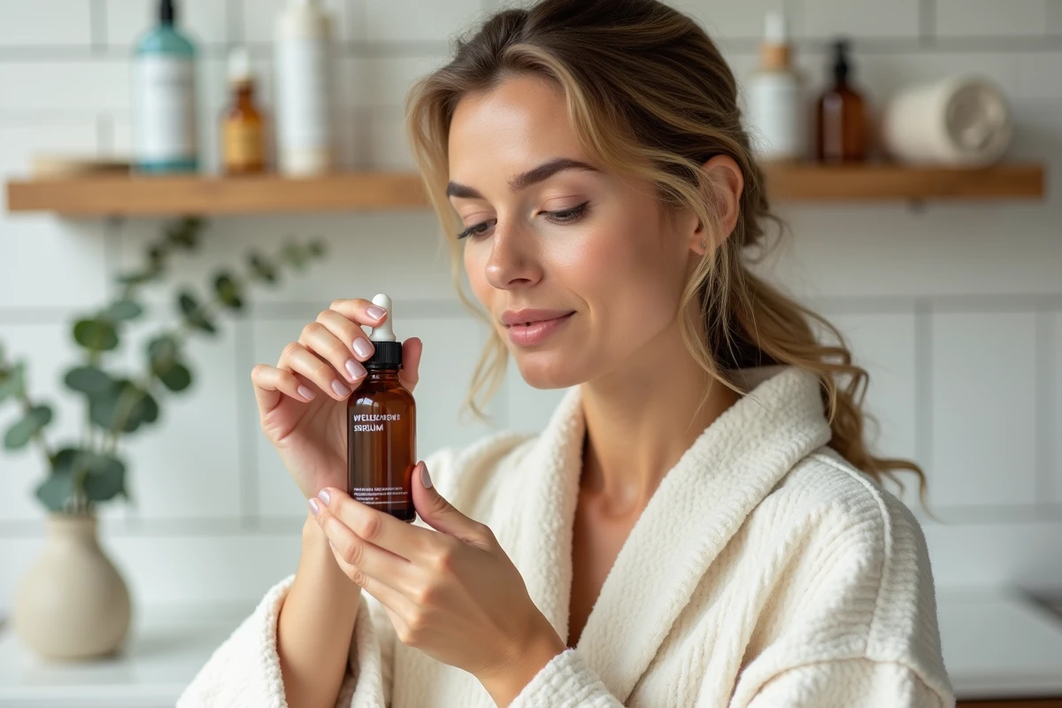 Femme tenant un sérum bien-être naturel dans une salle de bain scandinave avec des produits de beauté Zaturelle