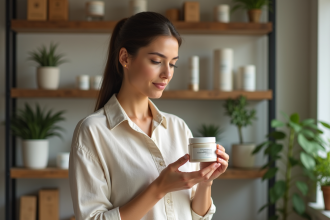 Femme examinant un pot de creme bio dans un intérieur moderne