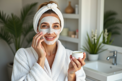 Femme appliquant un masque visage dans une salle de bain lumineuse