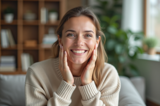 Femme souriante en soin visage naturel et détente