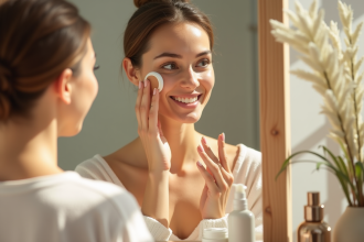 Femme souriante appliquant une creme visage naturelle