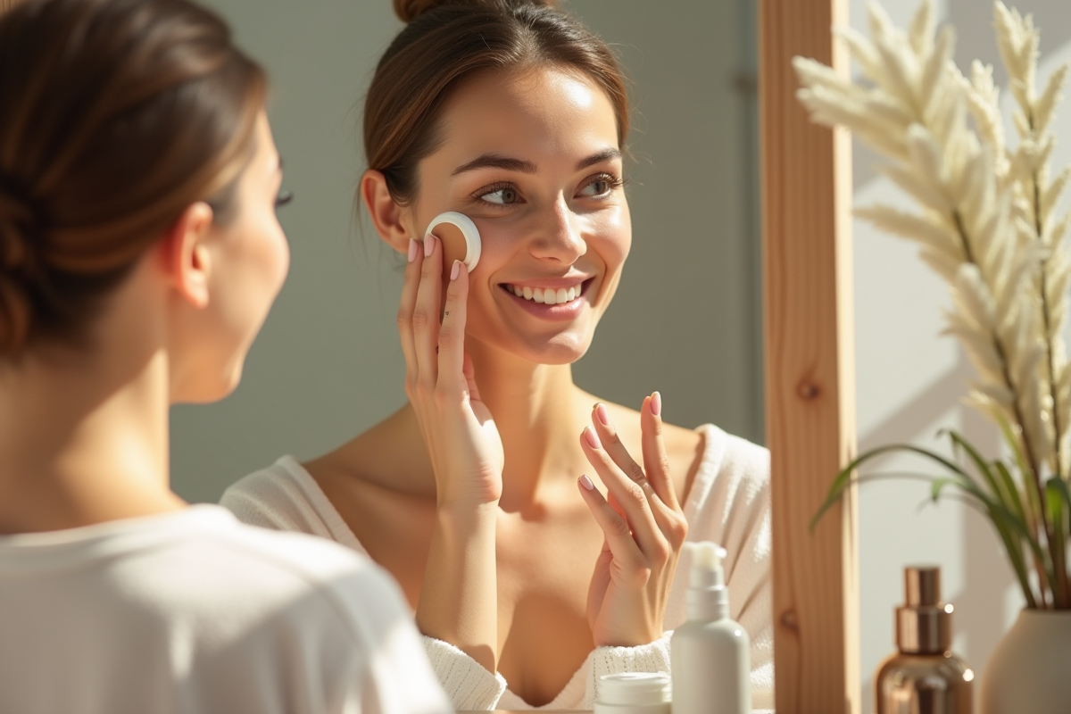 Femme souriante appliquant une creme visage naturelle