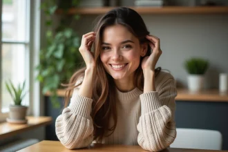 Femme souriante aux cheveux bruns et cheveux naturels