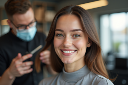 Femme souriante dans un salon de coiffure moderne