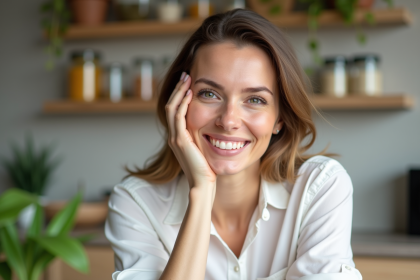 Femme souriante à la peau lumineuse dans la cuisine