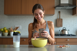 Femme souriante avec repas coloré et photos de progression