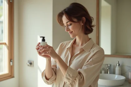 Femme en train de vaporiser du parfum sur son poignet dans un bain lumineux