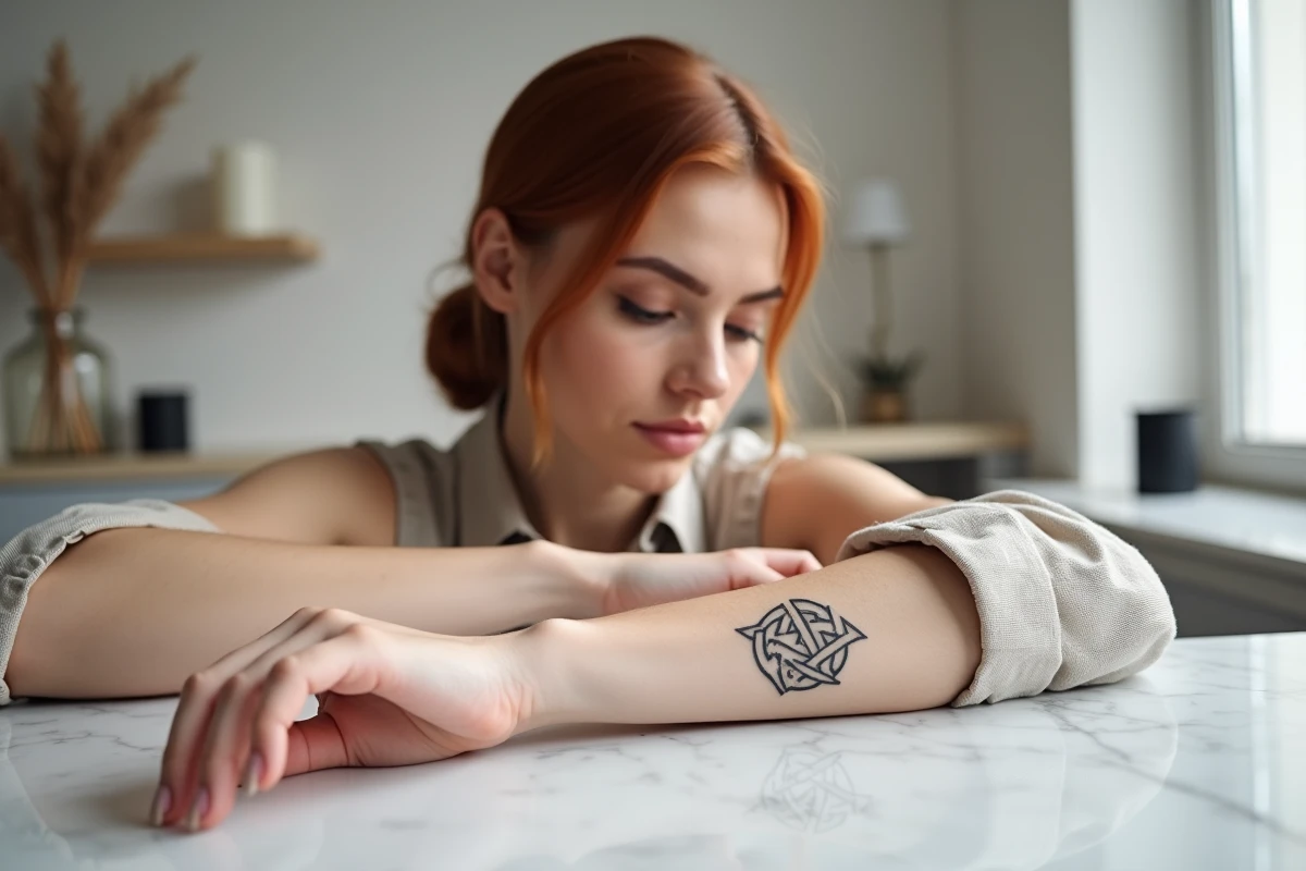 Femme montrant un tatouage trois triangles valknut viking en encre noire sur son avant-bras dans un intérieur scandinave minimaliste