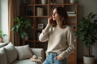 Femme avec coupe wolfcut dans un salon cosy