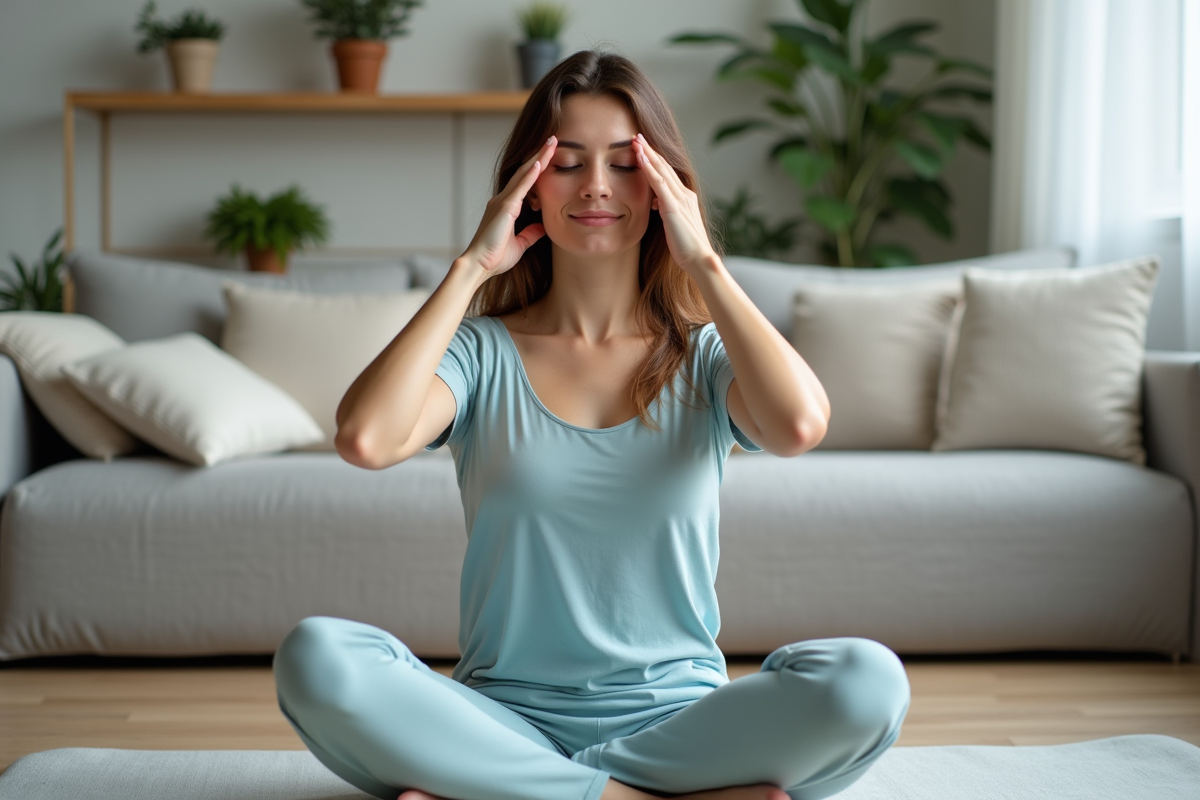 Femme pratiquant le yoga du visage dans un salon cosy