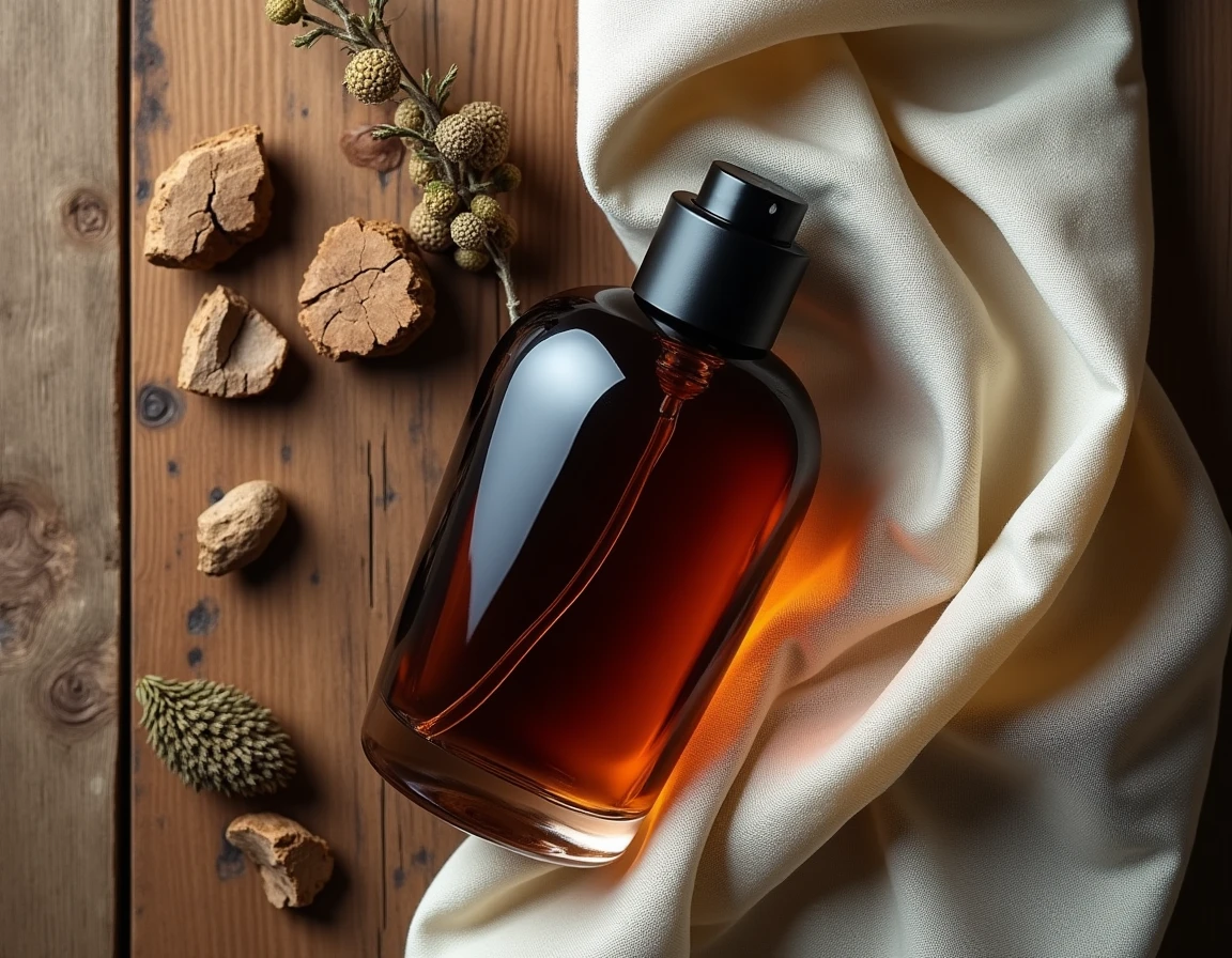 Composition flat lay d'un flacon de parfum boisé avec du bois de oud brut, des racines de vétiver et des baies de genévrier sur une surface en bois recyclé, illustrant les notes boisées de Fargance