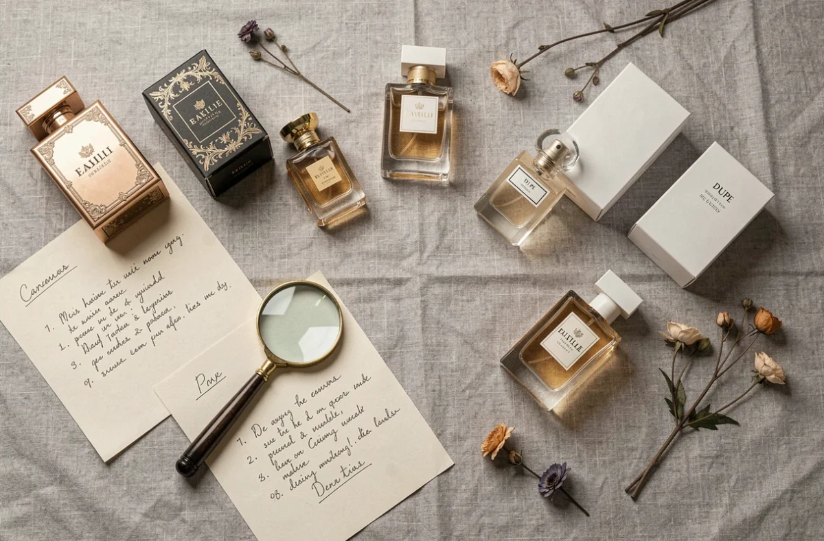 Flat lay éditorial de plusieurs flacons de parfum luxe et dupes avec notes manuscrites et accessoires vintage sur tissu gris lin