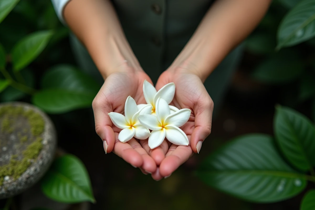 Mains tenant une grappe de fleurs de jasmin blanc frais dans un jardin tropical de Bali