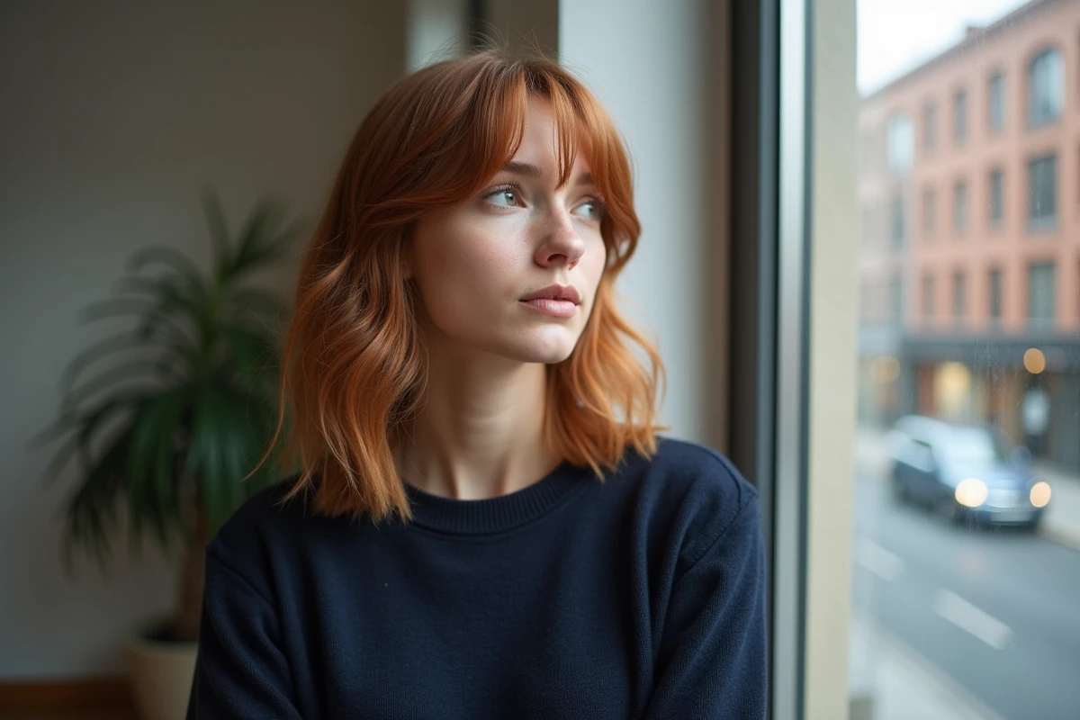Femme aux cheveux fins auburn avec une frange latérale balayée mettant en valeur un visage rond dans un appartement moderne