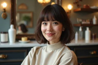 Femme aux cheveux bruns avec une frange droite épaisse adaptée à un visage rond dans un salon de coiffure parisien