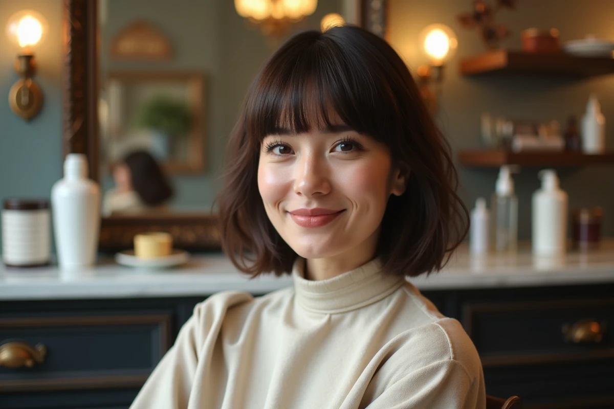 Femme aux cheveux bruns avec une frange droite épaisse adaptée à un visage rond dans un salon de coiffure parisien
