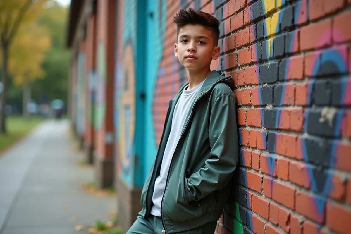 Adolescent avec coupe taper devant un mur de briques graffité