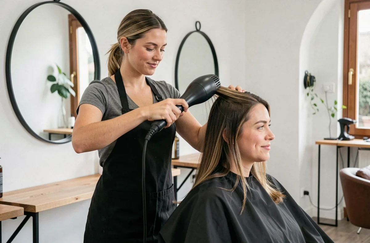 Coiffeuse soufflant les cheveux d'une cliente dans le salon Génération Coiffure à Toul