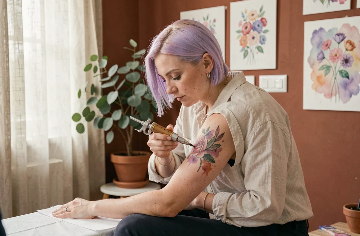 Ghis Melou réalisant un tatouage aquarelle sur l'omoplate d'une cliente dans un studio aux tons naturels et chaleureux de Montpellier