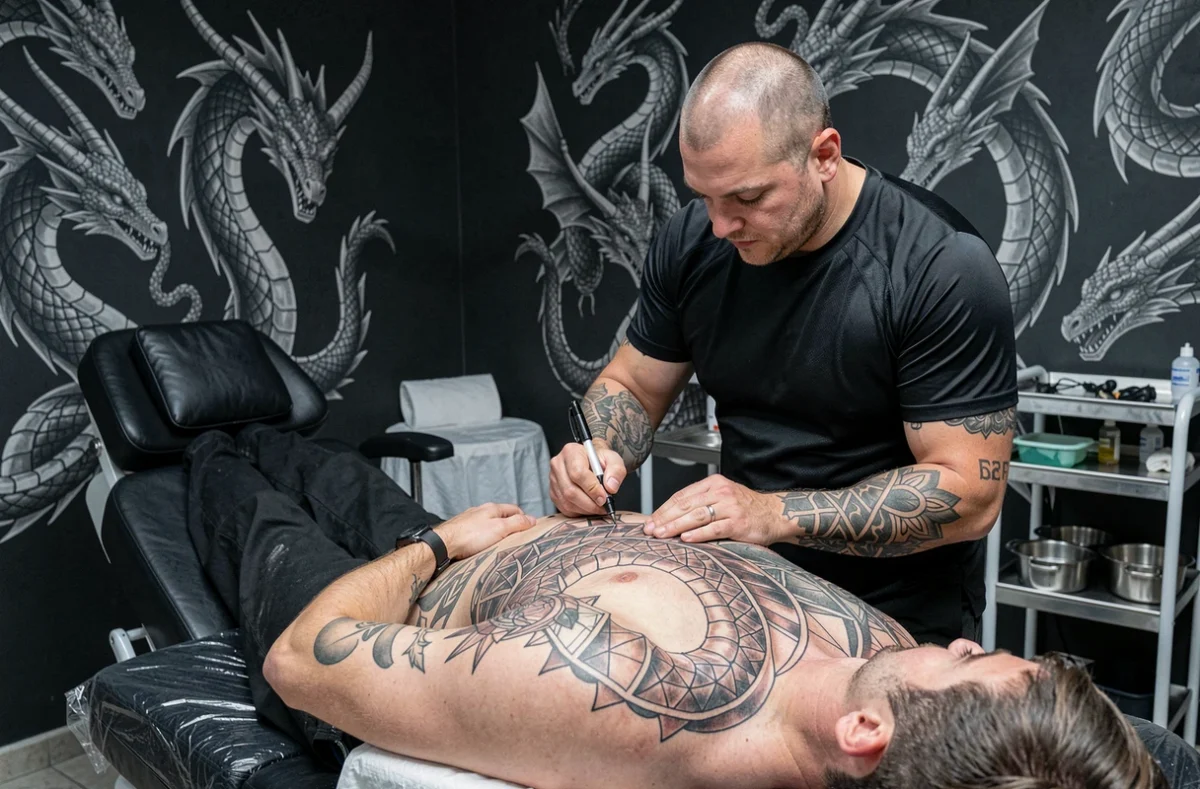 Goro Tattoo à Montpellier en train d'exécuter un grand tatouage géométrique de dragon dans le dos d'un client dans un studio sombre et professionnel