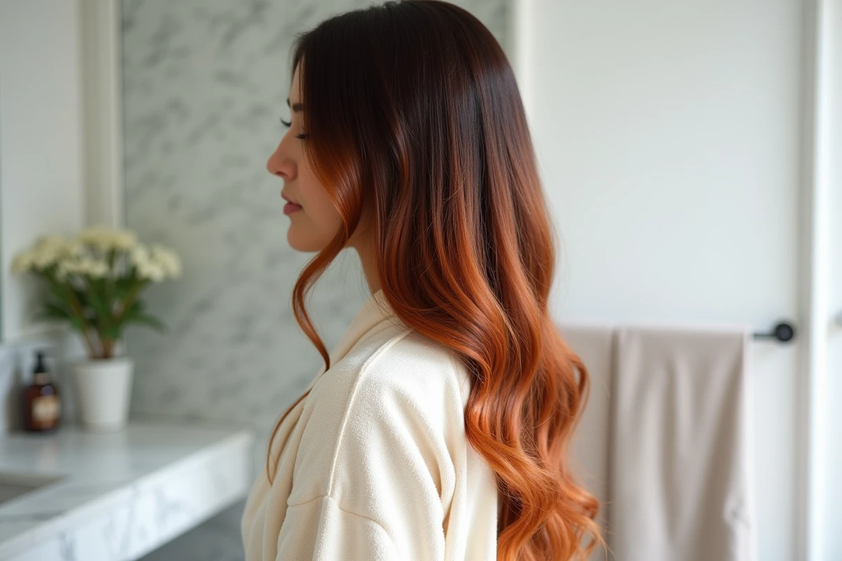Gros plan sur un balayage roux cuivré aux racines foncées et pointes dorées, vue de dos, sur cheveux châtains foncés dans une salle de bain
