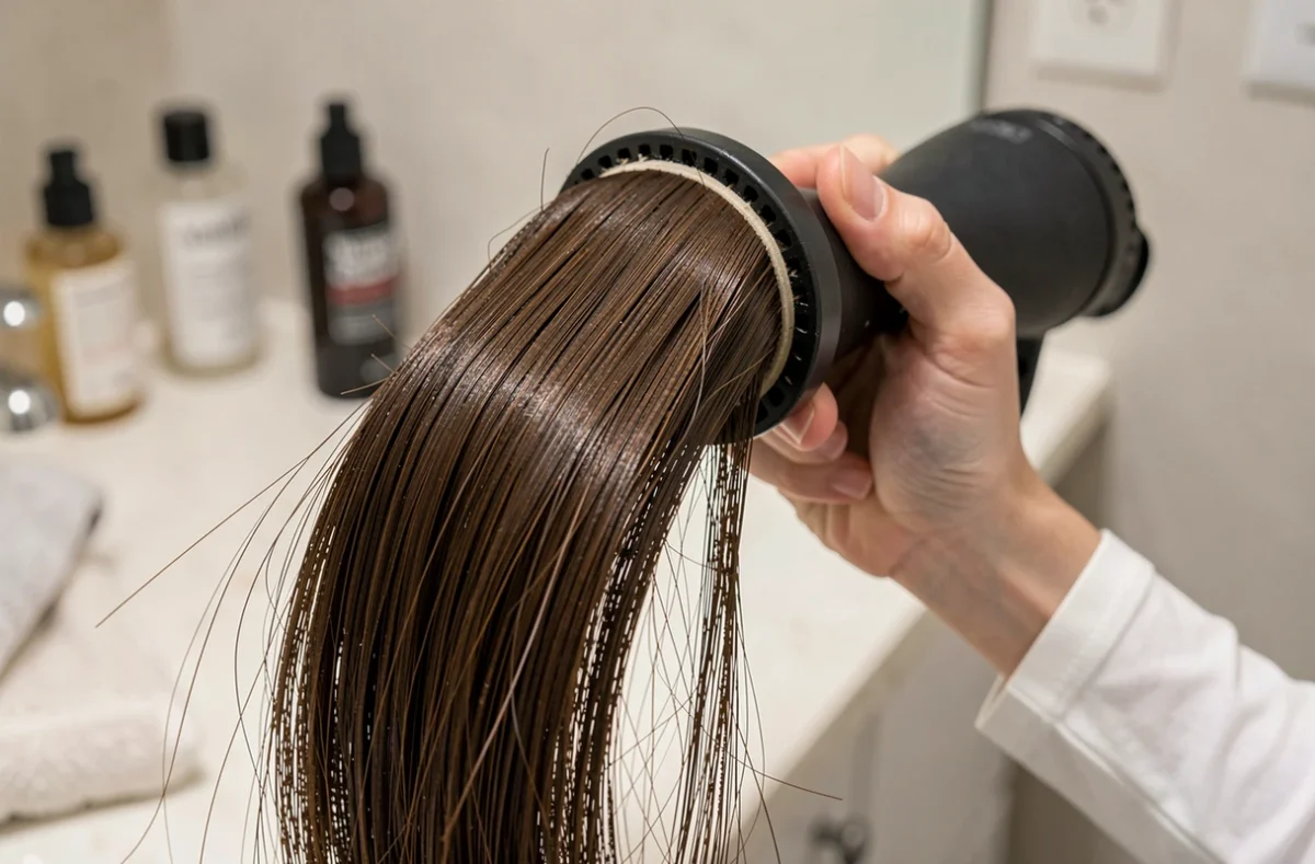 Gros plan d'une brosse soufflante enroulée dans une mèche de cheveux épais foncés pendant le coiffage