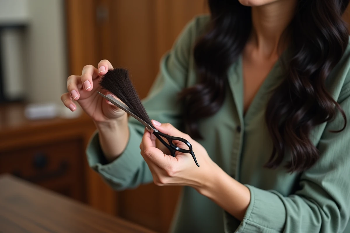 Gros plan sur des mains tenant une mèche de cheveux bruns avec des ciseaux pour couper les pointes