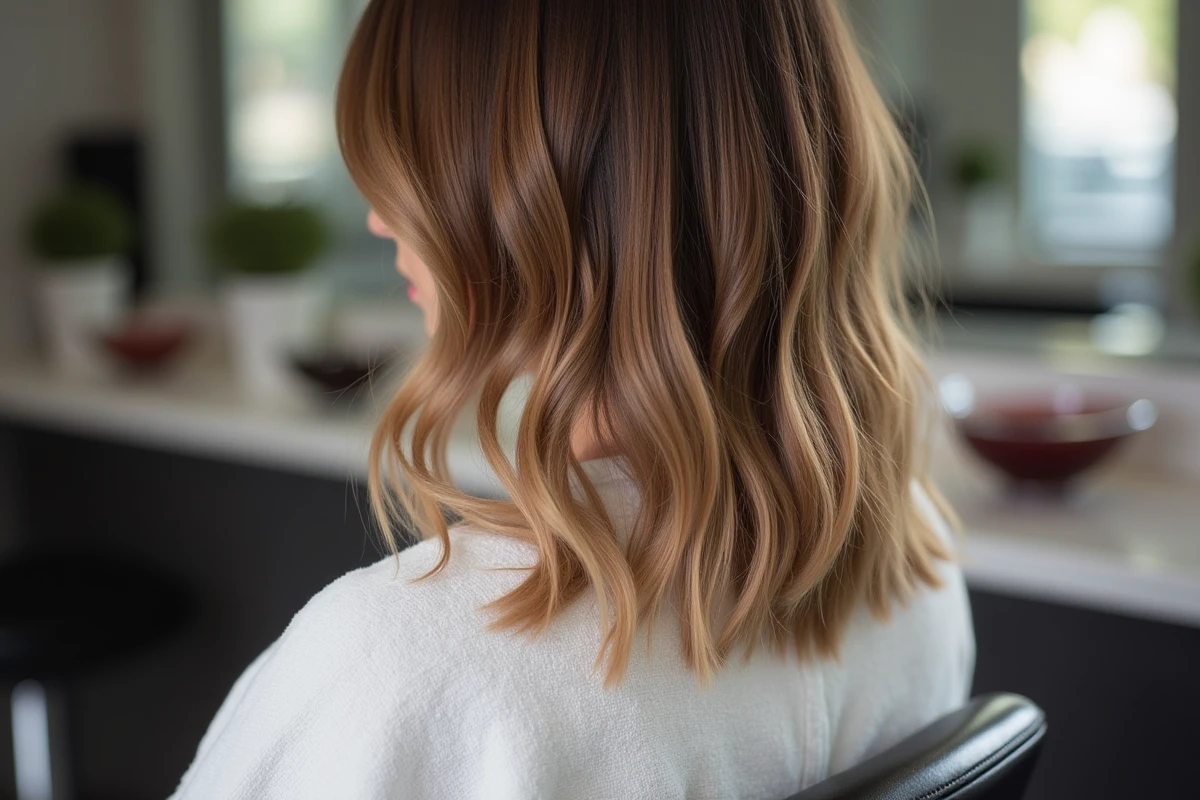 Gros plan sur un balayage patiné avec fondu parfait entre racines brunes et pointes miel