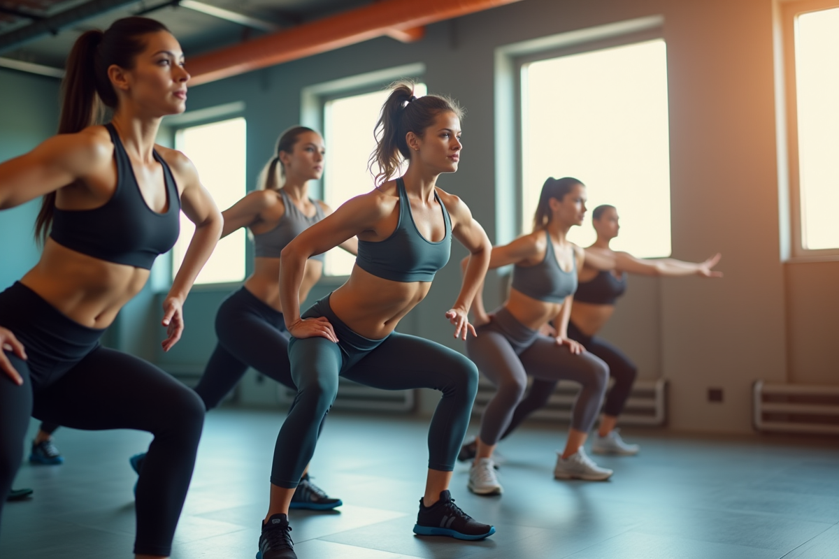 Groupe de femmes faisant des squats en salle lumineuse