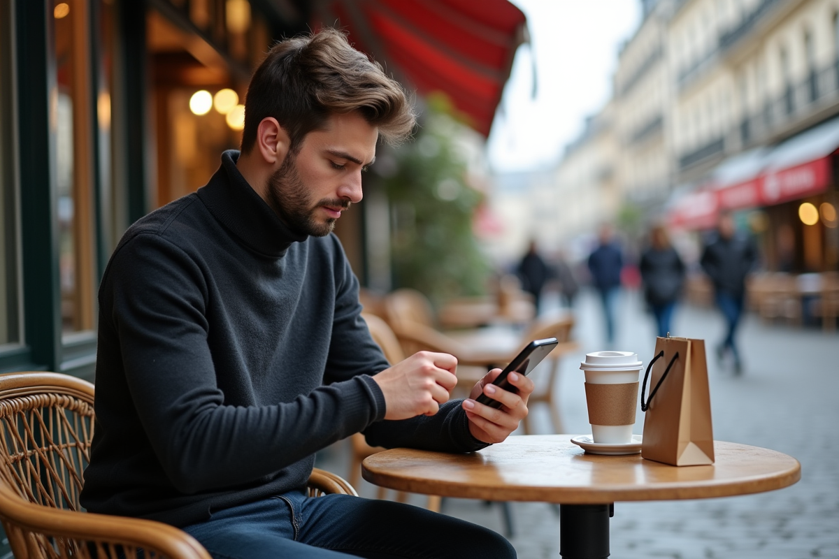 Homme assis au café parisien comparant prix sur smartphone