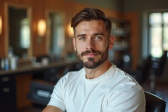 Homme avec coiffure moderne dans un salon de coiffure