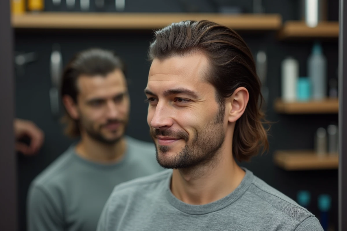 Homme avec une coupe mulet moderne bien définie, vue de face et reflet dans le miroir du barbier