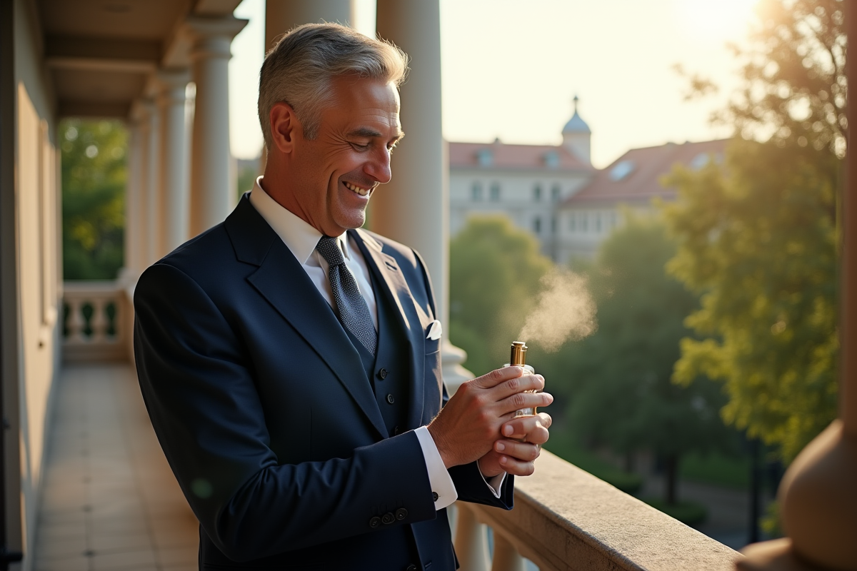 Homme en costume vaporisant du parfum en extérieur