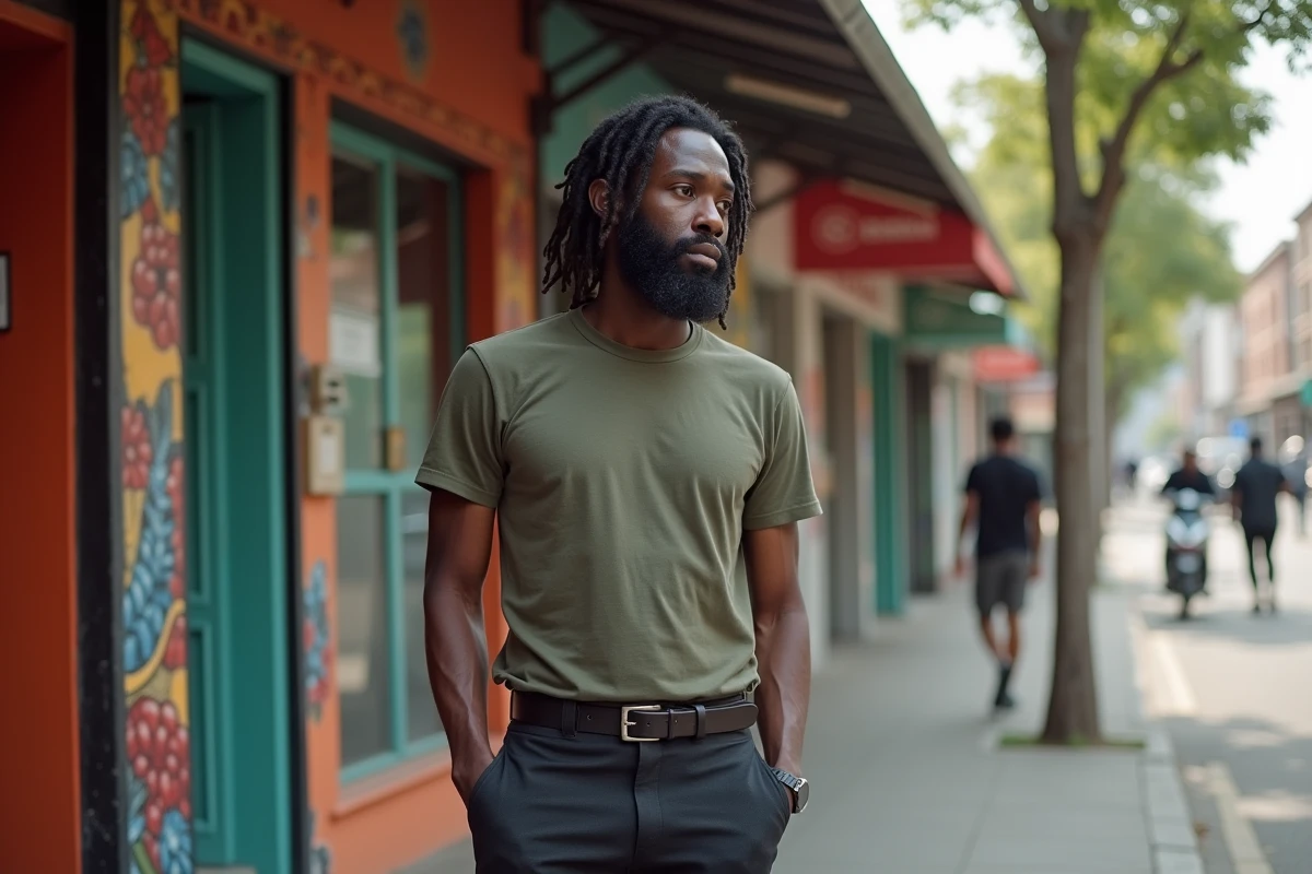 Homme noir avec dreadlocks dans la rue devant un barbershop