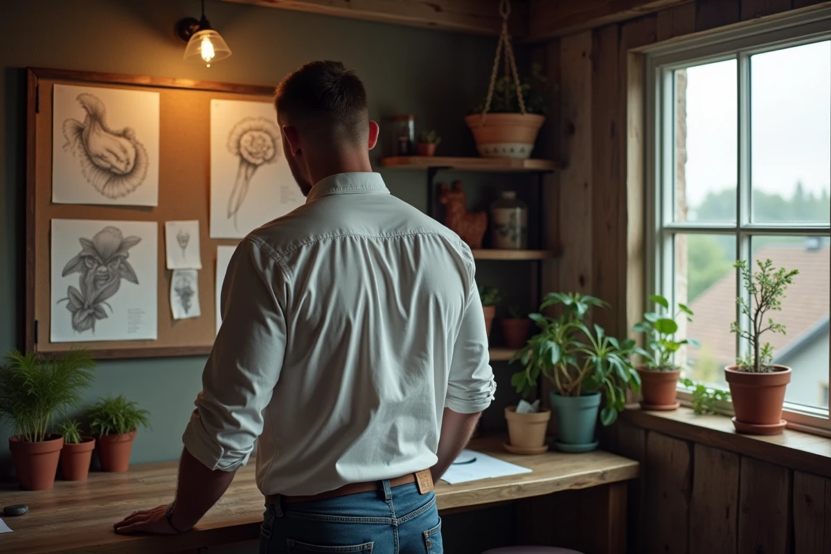Homme regardant des esquisses de tatouage dans un studio rural