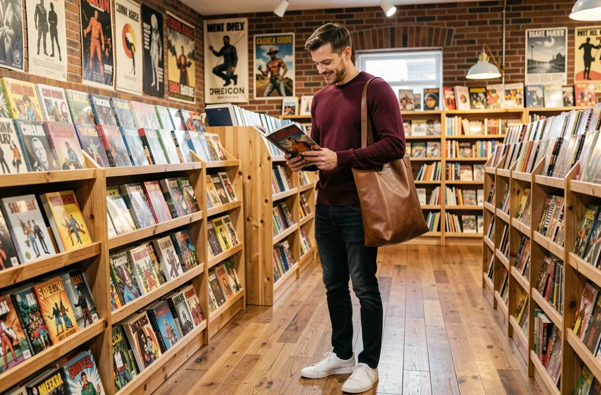 Homme élégant feuilletant des comics dans une librairie BD indépendante aux murs de briques et rayonnages colorés