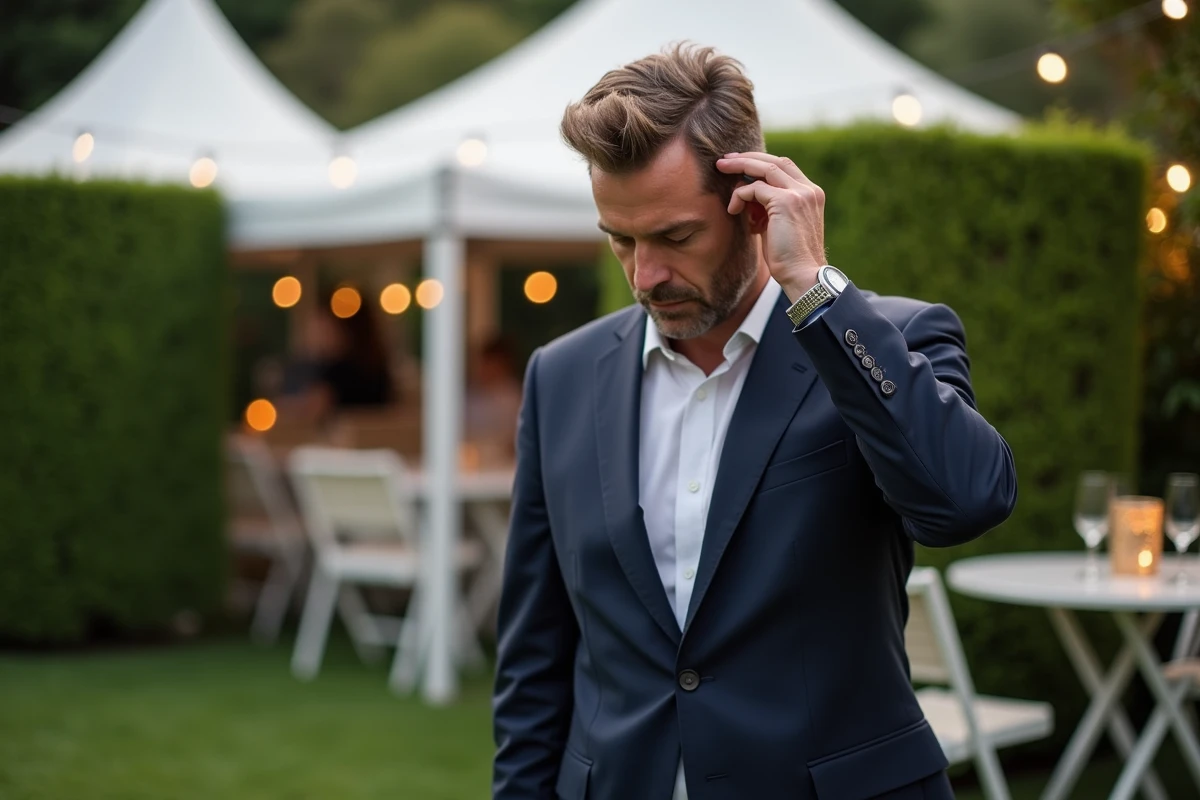 Homme en costume navy utilisant spray cheveux en jardin