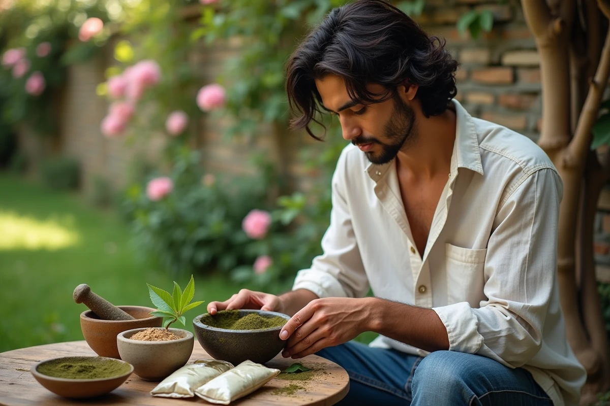 Jeune homme appliquant du henné dans un jardin