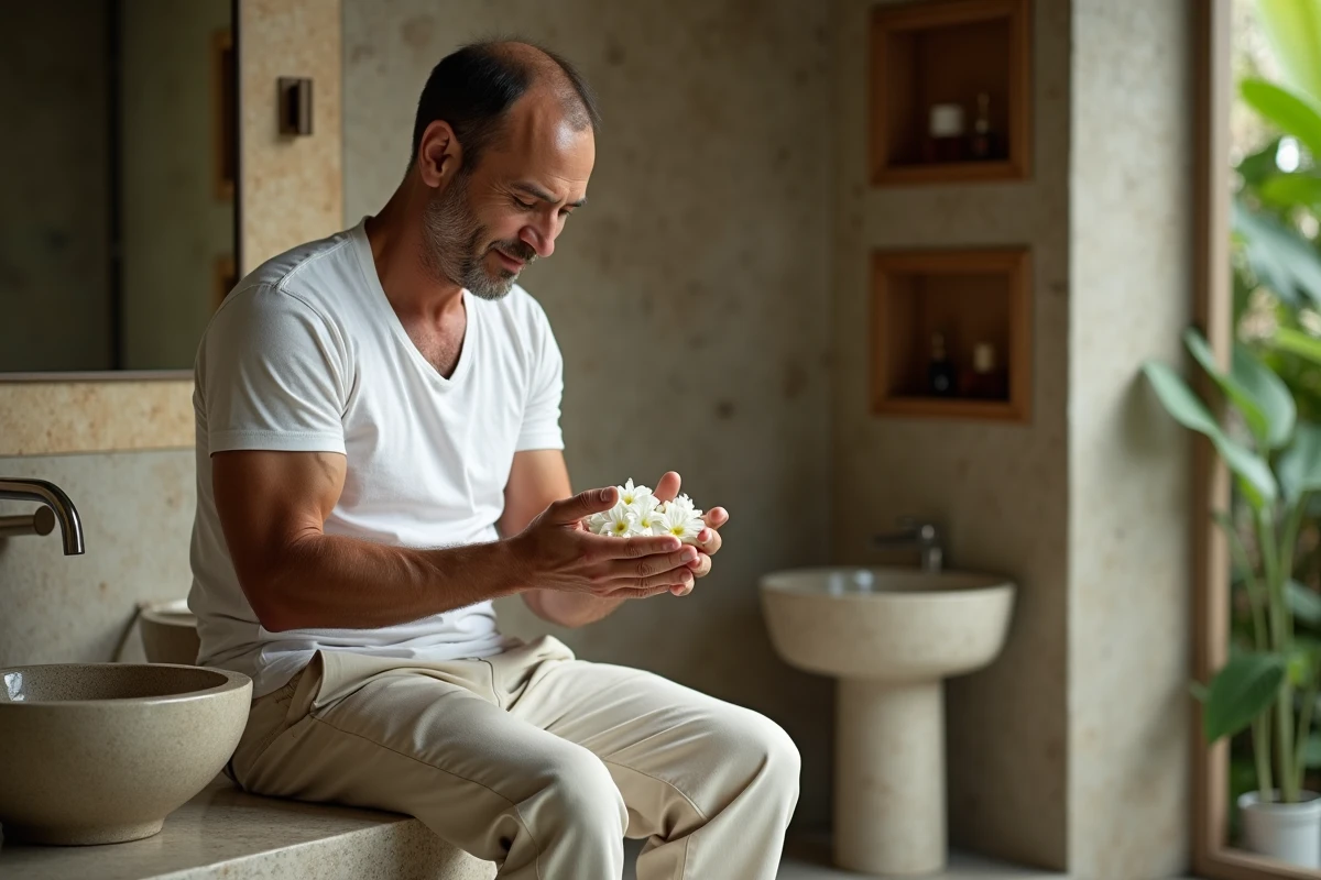 Homme assis inhalant le parfum de fleurs de jasmin