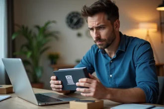 Homme examine une boîte Maxbarber dans un cadre domestique